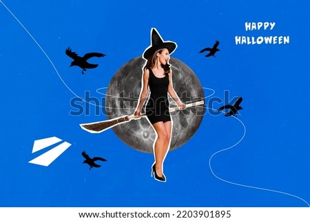 Creative retro 3d magazine image of happy smiling lady witch flying broom stick flying moon isolated painting background