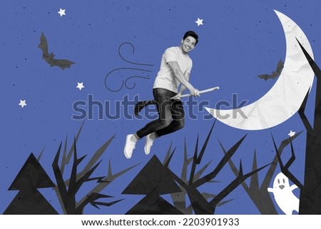 Photo artwork minimal picture of funky funny guy flying broomstick night forest isolated drawing background
