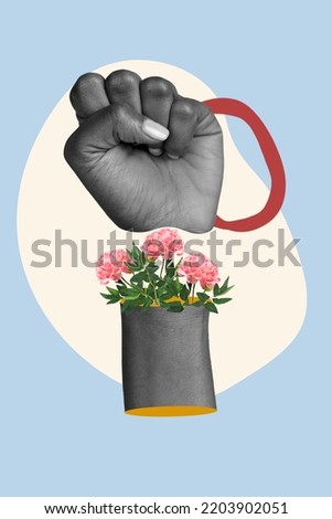 Creative photo 3d collage poster postcard artwork of human arm fist black white gamma rights protest isolated on drawing background Royalty-Free Stock Photo #2203902051