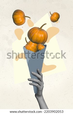 Vertical creative photo collage illustration of hand hold checked rolled paper gather harvest pumpkins isolated on pastel color background