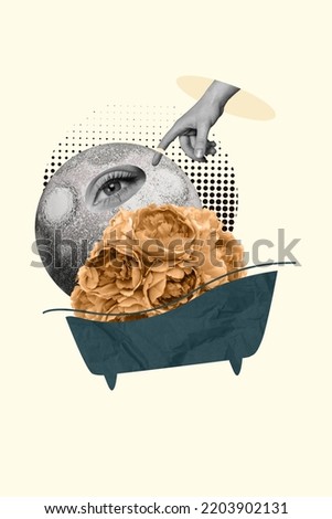 Collage photo of abstract creatuve bathroom finger point connected moon woman eye relax rest flowers beautiful isolated on painted beige color background