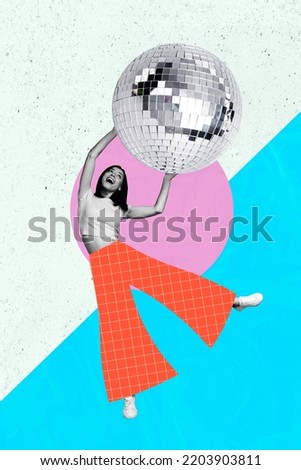 Exclusive painting magazine sketch image of happy smiling lady dancing holding big huge disco ball isolated painting background