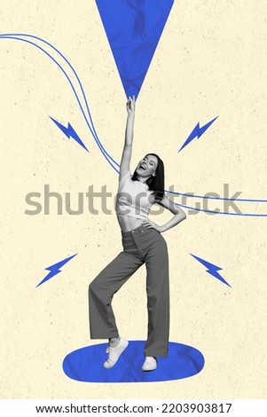 3d retro abstract creative artwork template collage of smiling charming lady dancing rising v-sign isolated painting background