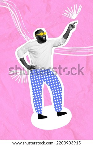 Vertical photo 3d collage artwork poster postcard of funny funky black skin guy have fun joy smiling dancing isolated painting background