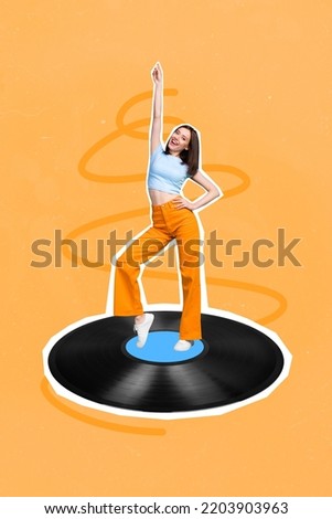Composite collage picture image of happy funky young attractive woman point up disco move vinyl recorder music lover meloman dance