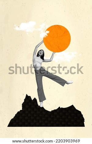 Vertical composite illustration of excited big girl black white gamma arms hold sun drawing clouds isolated on creative background