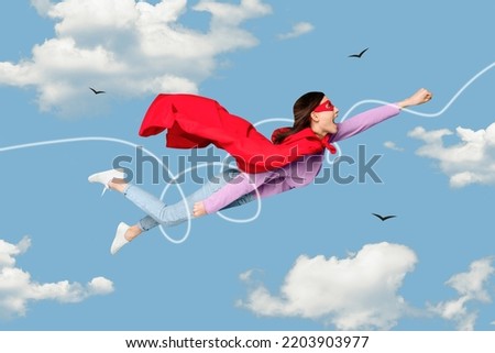 Composite collage picture image of confident dreamy flying woman superhero cape mask soar blue sky clouds business start up achieve