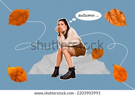 3d retro abstract creative artwork template collage of upset unhappy young girl sit bored autumn depression blues melancholy falling leaves