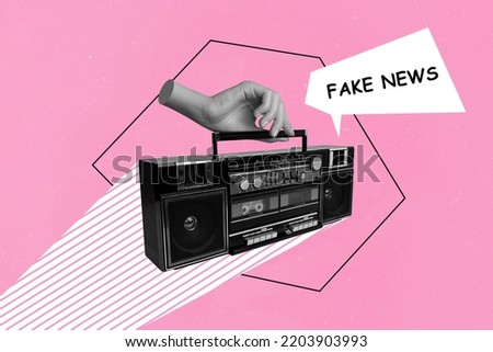 Creative 3d photo artwork graphics collage of hand hold boombox radio broadcasting fake news speech bubble inscription drawing background