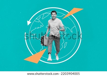 Collage 3d image of pinup pop retro sketch of funny funky running forward man carry suitcase ready travel around world planet earth icon Royalty-Free Stock Photo #2203904005
