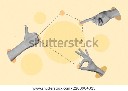 Creative abstract template collage of hands fingers showing different gestures okey thumb up point teamwork feedback connection cooperation