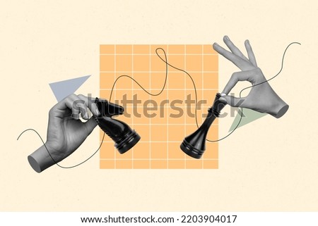 Creative abstract template collage of hands holding chess figures opponents intellectual game strategy politics playing drawing background Royalty-Free Stock Photo #2203904017