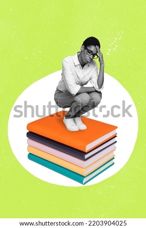 Creative photo collage artwork postcard poster sketch of exhausted sleppy student need read lot fiction isolated on painting background