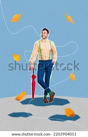 Composite collage picture image of positive good mood gentleman walking park enjoy autumn falling golden leaves lean umbrella puddles
