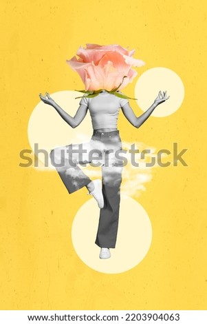 Vertical collage portrait of meditating girl black white colors big rose flower instead head isolated on yellow background