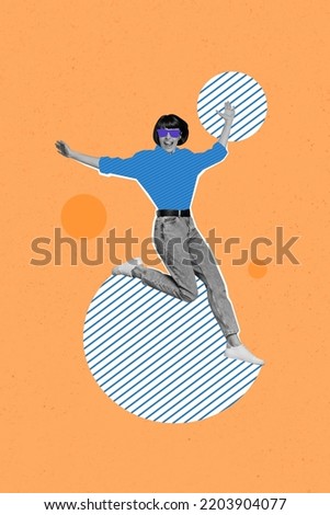 Composite collage image of funky active cool woman painting outfit jumping dancing have fun party retro vintage disco sunglass weekend