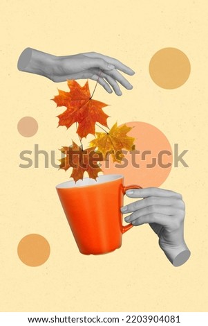 Vertical creative collage image of hands collecting autumn falling golden maple leaves red tea cup mug brew beverage recipe herbarium