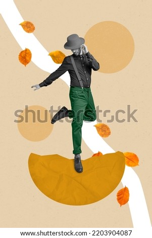 Creative abstract template collage of elegant gentleman hat dancing falling leaves hat autumn party disco isolated painting background