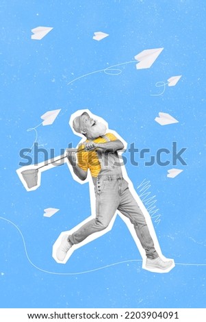 Vertical composite collage of aged person black white gamma hold butterfly net catch flying paper planes isolated on creative background