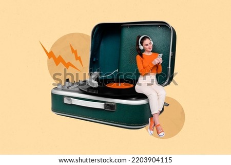 Retro abstract creative artwork template collage of young beautiful girl sit vinyl recorder listen retro music headphones device playlist Royalty-Free Stock Photo #2203904115