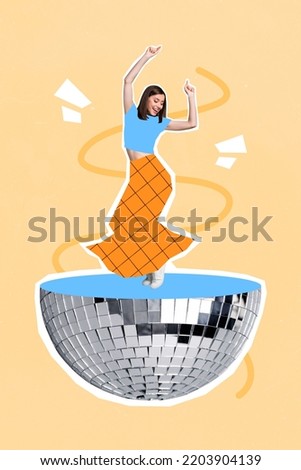 3d retro abstract creative artwork template collage of energetic young girl dancing glitter disco ball painting clothes drawing background