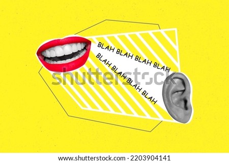 Creative trend collage of woman mouth red lipstick talk blah ear listen share gossips rumor information reporter journalist broadcast news Royalty-Free Stock Photo #2203904141