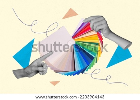 Collage 3d image of pinup pop retro sketch of hands client customer designer bureau choose select color samples interior recommend advice