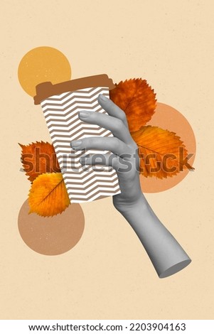 Creative drawing collage picture of hand holding take away paper cup hot coffee cacao tea cafeteria cafe autumn orange leaves cozy comfort