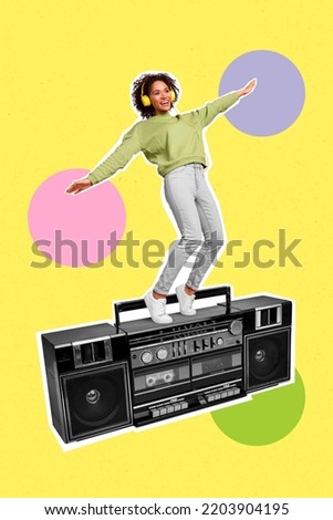 Composite collage picture image of chilling happy funky young woman stand retro boombox tape recorder headphones listen music dance