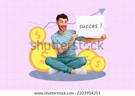 Composite collage picture image of positive young man traider economist financier show paper success inscription rich income abundance