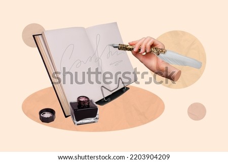 Composite collage picture image of hand hold write retro vintage pen feather writer author poem poetry inkwell novelist drawing background Royalty-Free Stock Photo #2203904209