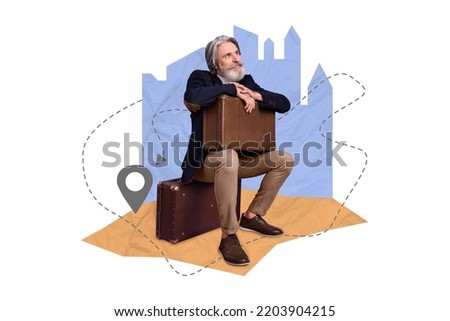 Composite collage picture image of dreamy thoughtful retired stylish man baggage sit imagine perfect weekend vacation route journey
