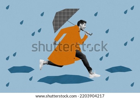 Composite collage picture image of funky running fast hurry young man painting clothes holding umbrella escape rain jumping puddles