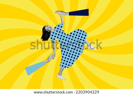Creative collage picture of excited cheerful girl black white colors hold two huge arms isolated on painted yellow background