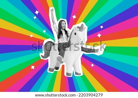 Creative 3d photo collage artwork postcard poster of funny funky girl sit unicorn have fun joy isolated on painting background