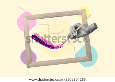 Creative 3d photo artwork graphics collage of hand holding painting brush drawing canvas picture wooden frame artist painter masterpiece Royalty-Free Stock Photo #2203904285