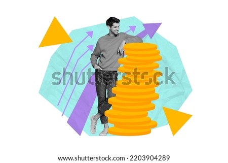 Creative abstract template collage of satisfied happy man lean big column pillar golden coins successful rich arrows increase point up Royalty-Free Stock Photo #2203904289