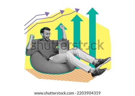 Creative drawing collage picture of excited businessman raise fists happy success computer investment stocks growth up winner profit