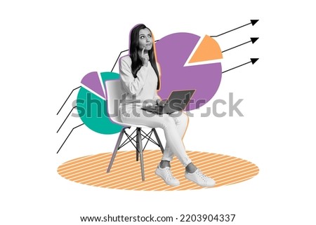 3d retro abstract creative artwork template collage of thoughtful smart intelligent woman investor work computer trading increase capital