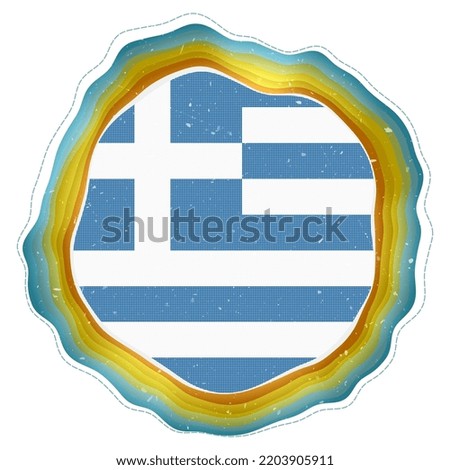 Greece flag in frame. Badge of the country. Layered circular sign around Greece flag. Superb vector illustration.