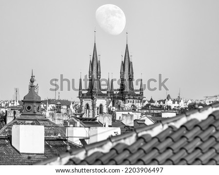 Monochrome picture with the two gothic towers of   the Church of Our Lady before Týn (Chram Matky Bozí pred Tynem) in the old square town of Prague, Czech Republic