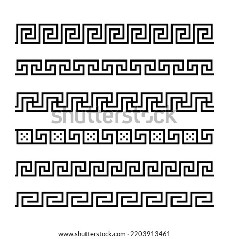 Greek key ornaments collection. Meander pattern set. Repeating geometric meandros motif. Greek fret design. Ancient decorative border. Vector Royalty-Free Stock Photo #2203913461