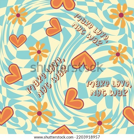 Love heart, daisies, waves of positivity retro 70s seamless pattern. Yellow, orange, red scattered heart shapes on a swirling background. Cool, groovy design in the style of the seventies.