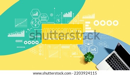 Micropayments theme with a laptop computer on a yellow, green and blue pattern background Royalty-Free Stock Photo #2203924115
