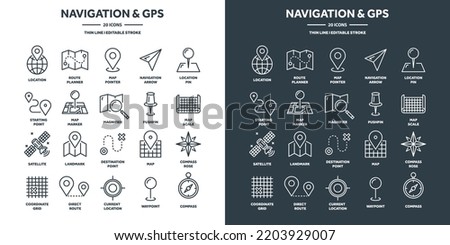 Navigation map and geolocation, GPS positioning. Coordinate grid quadrants, cardinal points, location finder. Travel route and waypoints planning. Thin line web icons set. Vector illustration Royalty-Free Stock Photo #2203929007