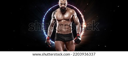 Sportsman boxer fighting on black background with neon lights. Sports website header template. Copy space for boxing design.