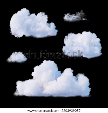 3d rendering, assorted white fluffy clouds isolated on black background. Sky clip art elements