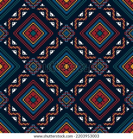 Geometric pixel ethnic seamless pattern home decoration design. Aztec fabric carpet boho mandalas textile decor wallpaper. Tribal native motif decorative folk traditional embroidery vector background 