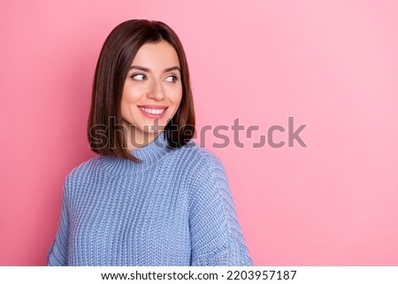 Photo of stunning satisfied young lady toothy beaming smile look empty space isolated on pink color background