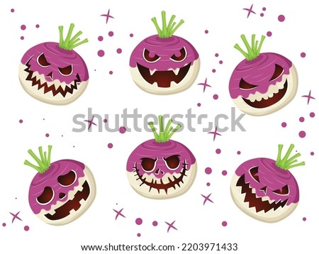 Halloween Turnips Carved Scary Face Set Collection. Concept Cartoon Halloween Day Elements. Vector Illustration For Holiday. Hand drawn halloween Royalty-Free Stock Photo #2203971433